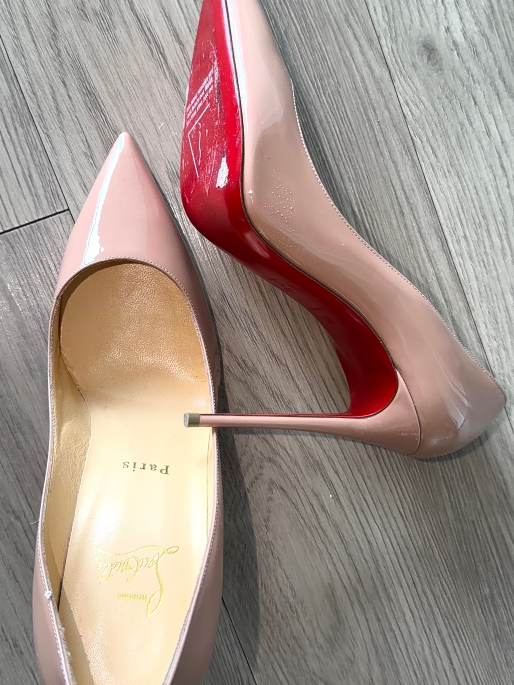 Christian Louboutin Blush Patent Pointed-Toe Stiletto Pumps With Red Soles